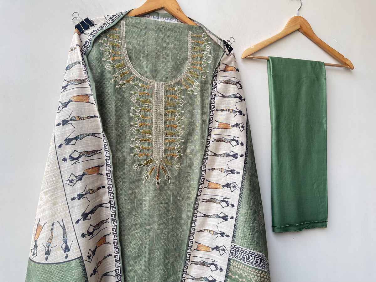 Worli art printed cotton linen unstitched ladies suit