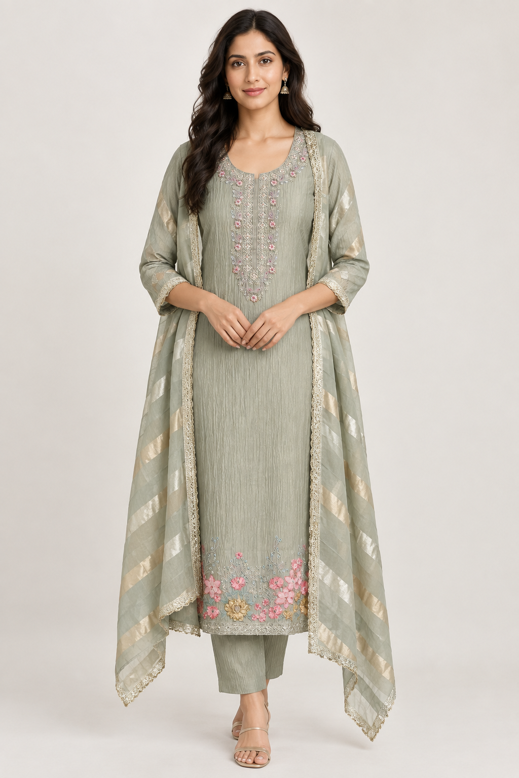 Elegant Crushed Shimmer Tissue Unstitched Ladies 3pcs Designer Suit Set