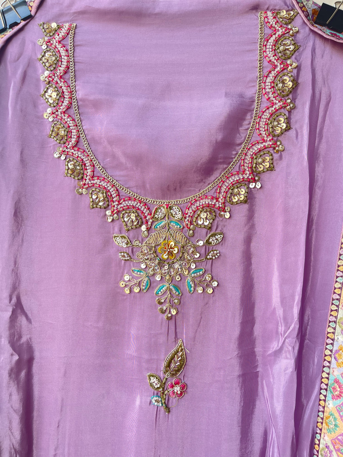 Premium Embroidered Crepe Satin Unstitched 3 Pcs Designer Suit Set