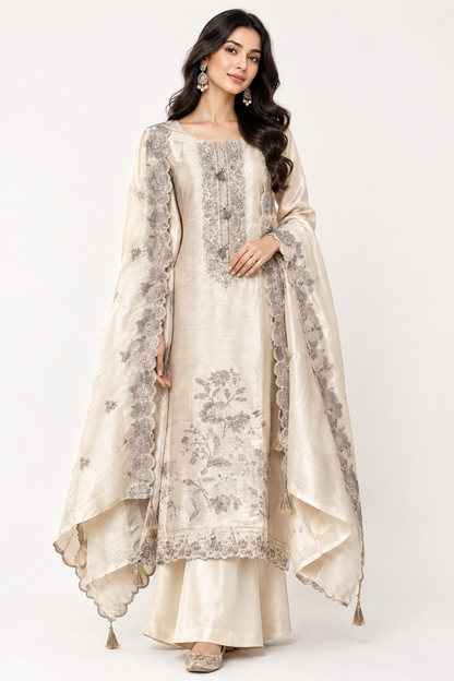 Premium Shimmer Silk Unstitched 3 Pcs Designer Suit Set