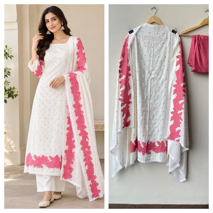 Mul Chanderi Cotton Resham Embroidered Unstitched Suit Set