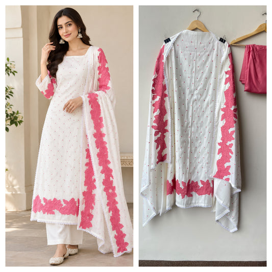 Mul Chanderi Cotton Resham Embroidered Unstitched Suit Set