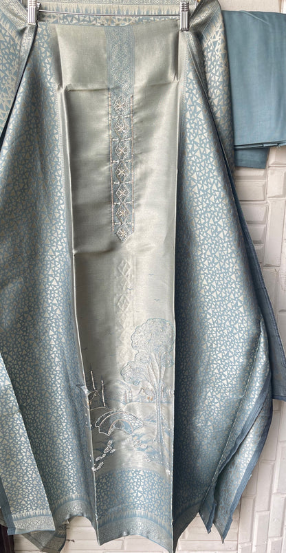 Premium Shimmer Giraffe Silk woven  Unstitched Designer Suit Set