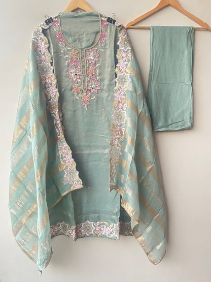 Designer Shimmer Organza Embroidered Unstitched 3pcs Suit Set