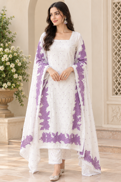 Mul Chanderi Cotton Resham Embroidered Unstitched Suit Set