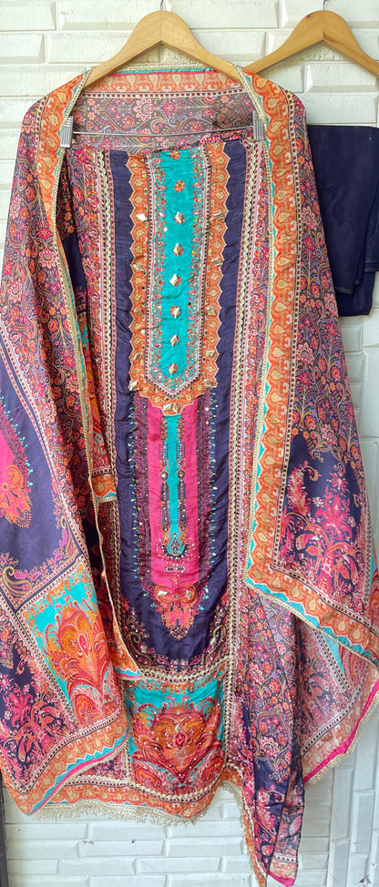 Crape satin unstitched ladies suit Rc17729