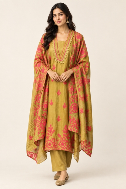 Designer Mul Chanderi 3 Pcs Unstitched Suit Set