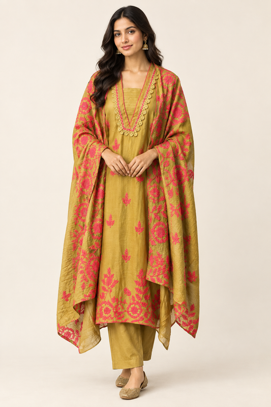 Designer Mul Chanderi 3 Pcs Unstitched Suit Set