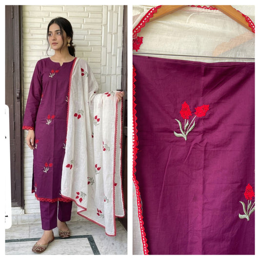 Cotton unstitched salwar suit with resham embroidery and mul cotton dupatta – RoyalChicByPriti