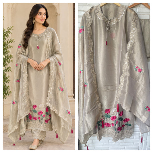 Shimmer Silk Unstitched 3 pcs Designer Suit Set