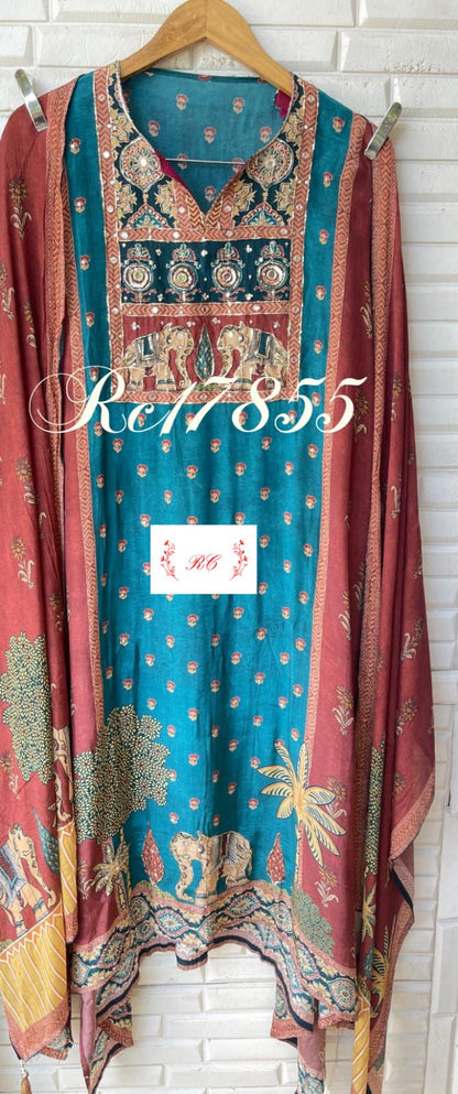 Satin crape unstitched ladies suit Rc17855