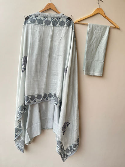 Muslin printed unstitched salwar suit with sequin resham work and crochet lace – RoyalChicByPriti
