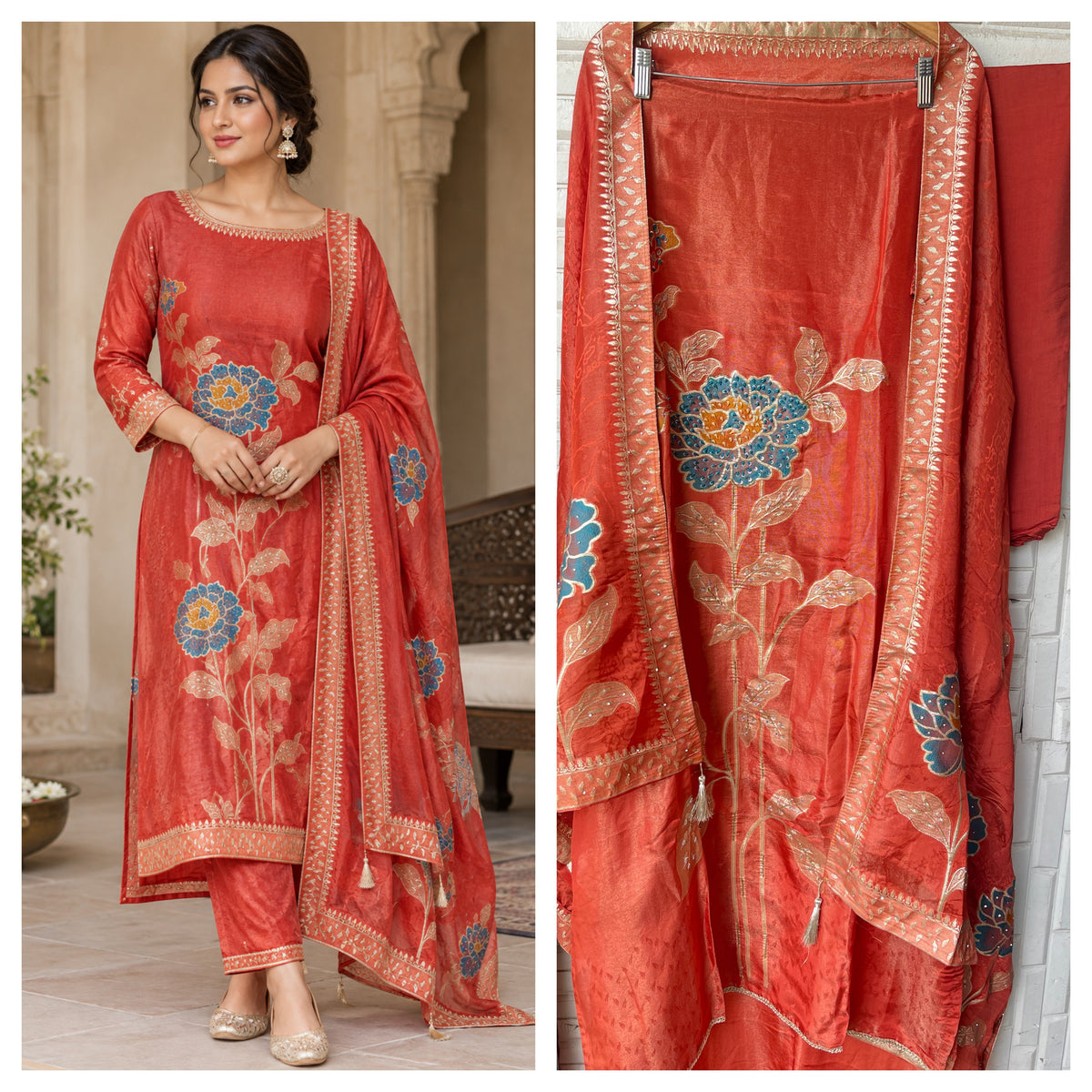 Elegant Shimmer Silk Embroidered Unstitched Designer Suit Set