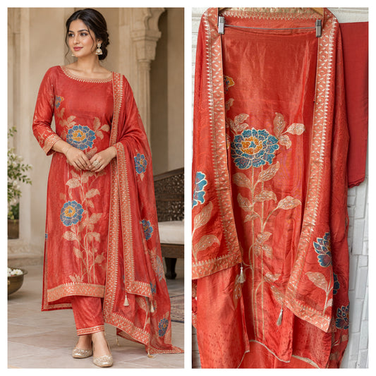 Elegant Shimmer Silk Embroidered Unstitched Designer Suit Set