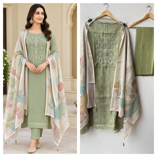 Self Shimmer Linen Embroidered Designer 3 Pcs Unstitched Suit Set