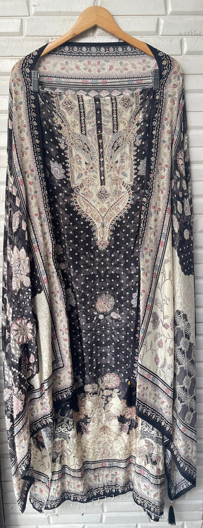 Crape satin unstitched ladies suit Rc17705