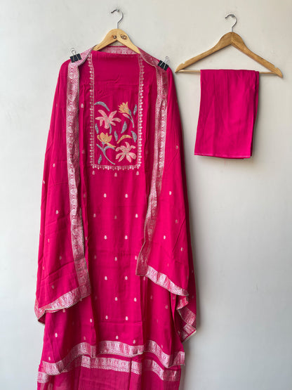 Banarasi Mul Chanderi Designer Unstitched 3pcs Suit Set