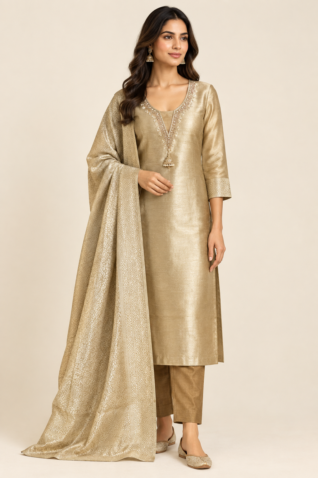 Exquisite Unstitched Self Shimmer Giraffe Silk 3ocs Designer Suit Set
