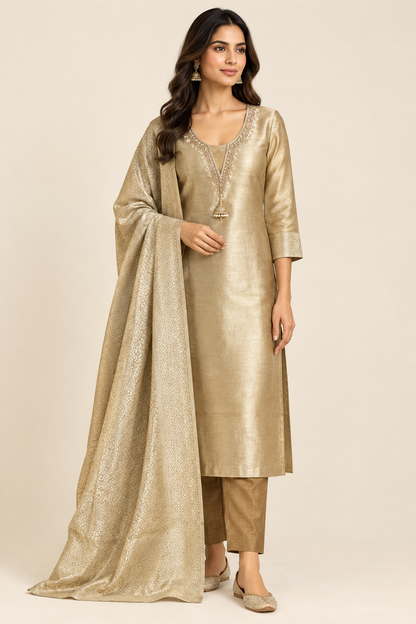 Exquisite Unstitched Self Shimmer Giraffe Silk 3ocs Designer Suit Set