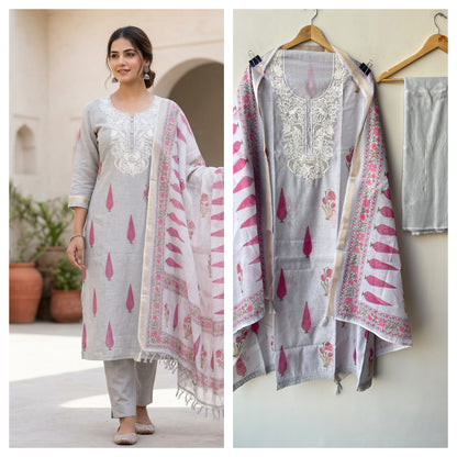 Premium Mul Chanderi Designer Unstitched 3Pcs Suit Set