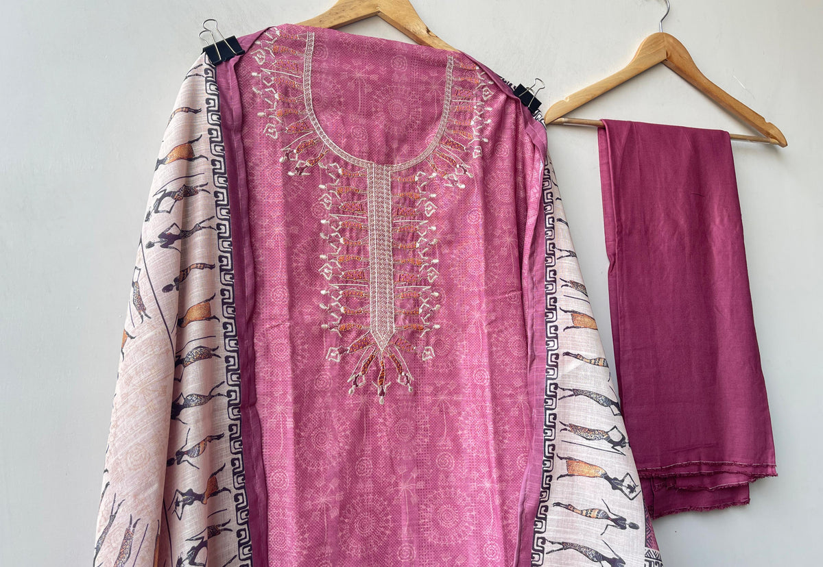 Worli art printed cotton linen unstitched ladies suit