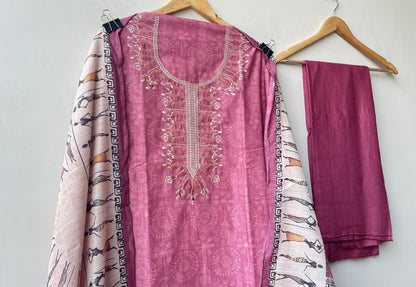 Worli art printed cotton linen unstitched ladies suit