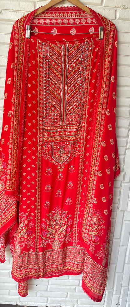 Crape satin unstitched ladies suit Rc17810