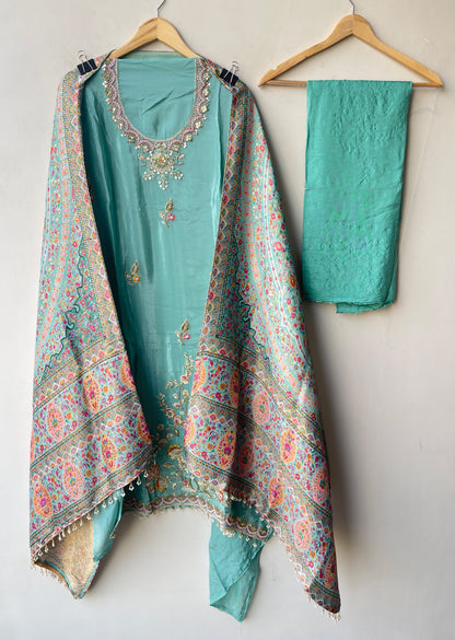 Premium Embroidered Crepe Satin Unstitched Designer 3 Pcs Suit Set