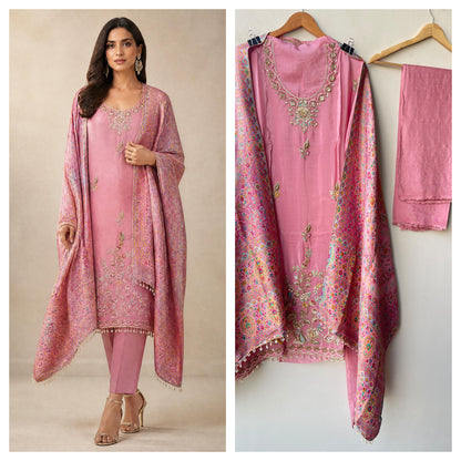 Premium Embroidered Crepe Satin Unstitched 3 Pcs Designer Suit Set