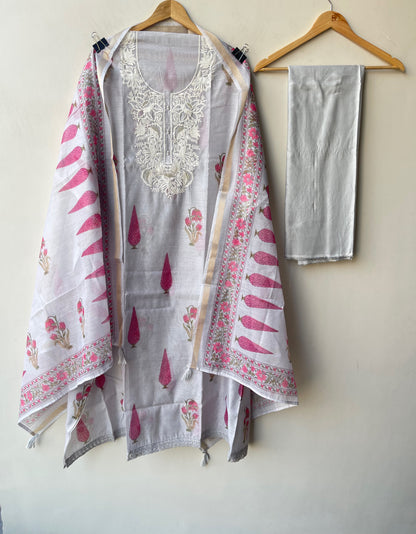 Premium Mul Chanderi Designer Unstitched 3Pcs Suit Set