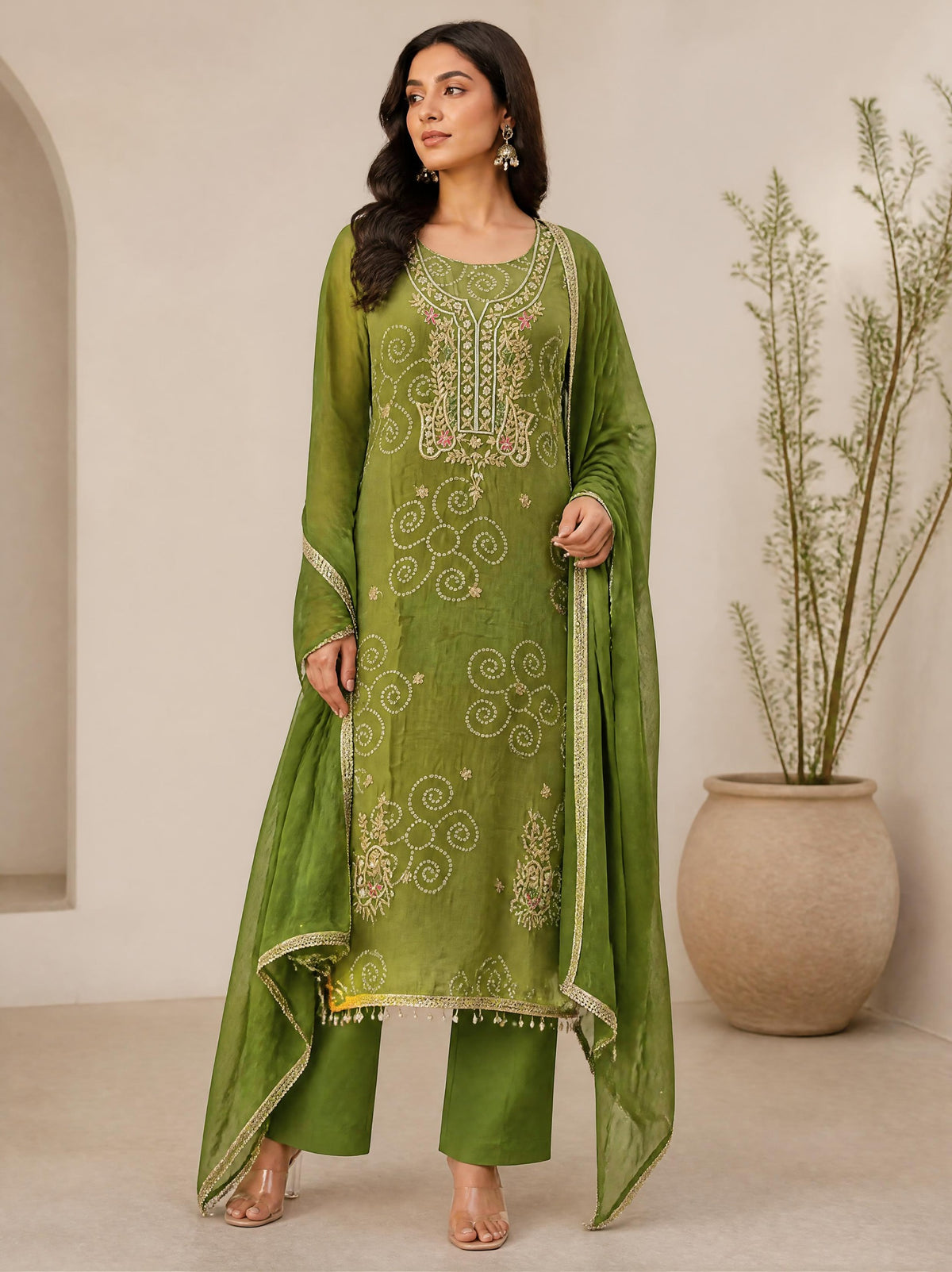 Premium Bandani Printed Organza Unstitched 3 Pcs Designer Suit Set