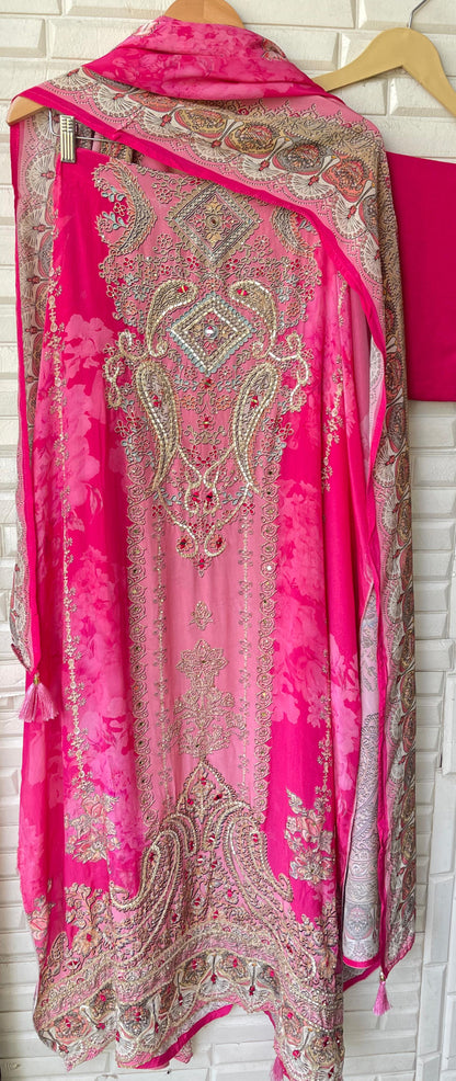 Satin crape unstitched ladies suit Rc17996