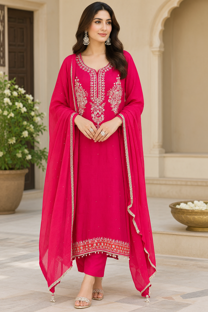Exquisite Satin Crepe Designer Unstitched 3 Pcs Suit Set