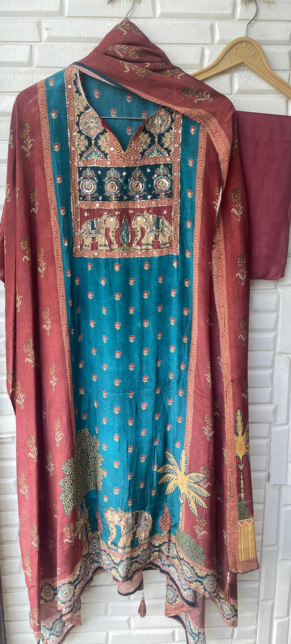 Satin crape unstitched ladies suit Rc17855