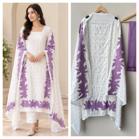 Mul Chanderi Cotton Resham Embroidered Unstitched Suit Set