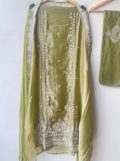 Elegant Shimmer Tissue Embroidered Designer 3 Pcs Unstitched Suit Set