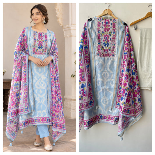 Elegant Mul Chanderi Printed Unstitched Suit Set