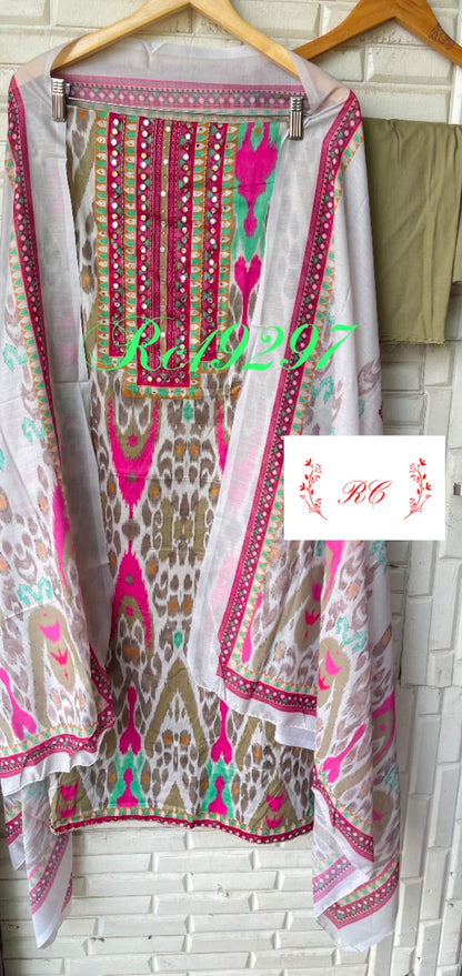 Mul chanderi cotton printed unstitched ladies suit Rc19297