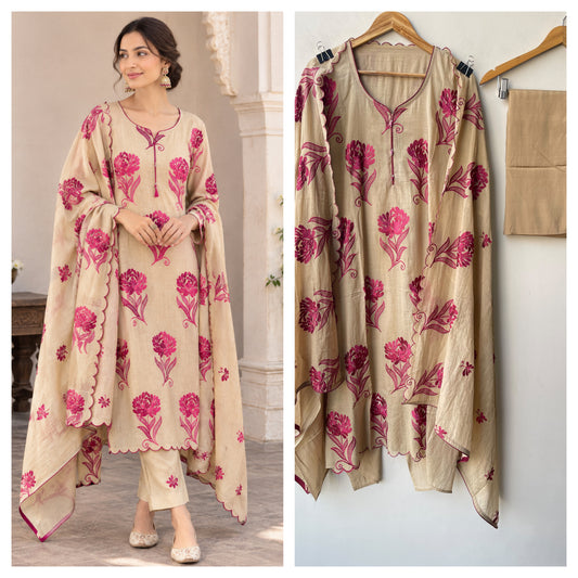 Mul Chanderi Resham Embroidered Unstitched Suit Set