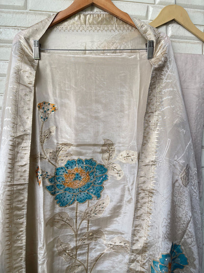 Elegant Shimmer Silk Embroidered Unstitched Designer Suit Set