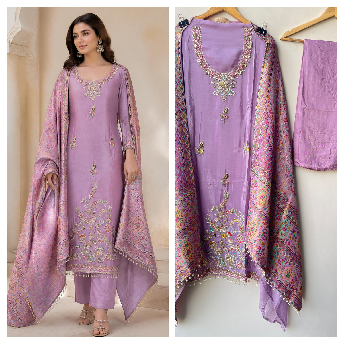 Premium Embroidered Crepe Satin Unstitched 3 Pcs Designer Suit Set