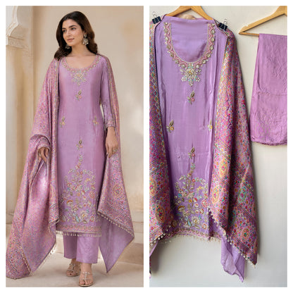 Premium Embroidered Crepe Satin Unstitched 3 Pcs Designer Suit Set