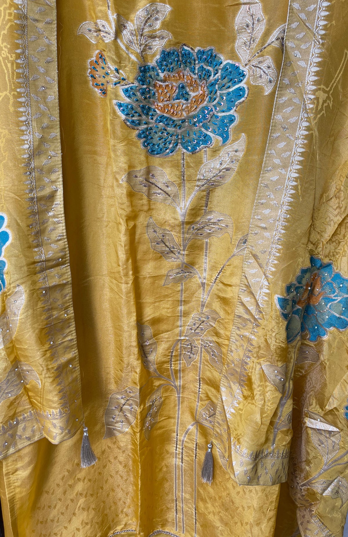 Elegant Shimmer Silk Embroidered Unstitched Designer Suit Set