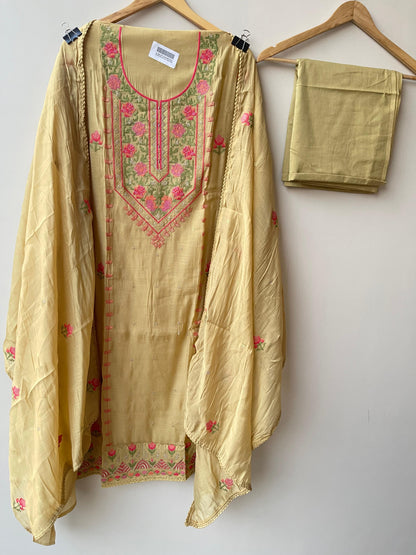 Mul chanderi unstitched salwar suit with resham embroidery and crochet lace – RoyalChicByPriti