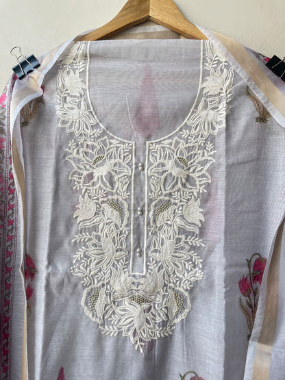 Premium Mul Chanderi Designer Unstitched 3Pcs Suit Set