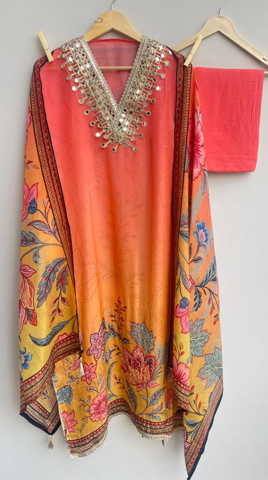 Crape satin unstitched ladies suit Rc17898