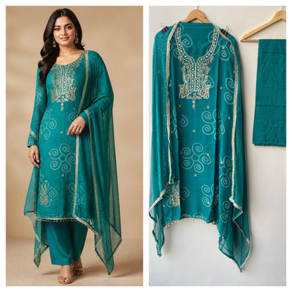 Premium Bandani Printed Organza Unstitched 3 Pcs Designer Suit Set