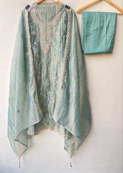 Premium Shimmer Tissue 3pcs Unstitched Designer Suit Set