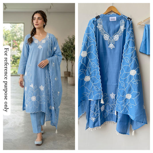 Mul chanderi unstitched salwar suit with patchwork, mirror work and tassel lace – RoyalChicByPriti