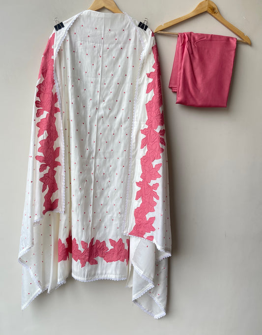 Mul Chanderi Cotton Resham Embroidered Unstitched Suit Set